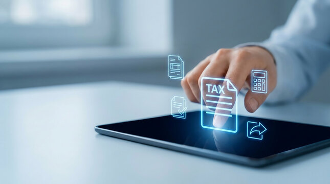Close-up of a person using a tablet for online tax filing and financial management with digital holographic icons of forms and calculators on a desk.