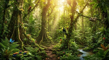 Fototapeta premium Vibrant Tropical Rainforest Ecosystem with Diverse Wildlife