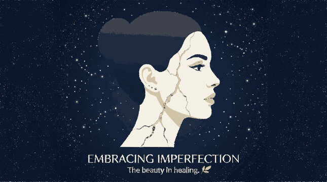 A stylized profile of a woman with golden cracks on her skin representing healing and self acceptance against a starry background