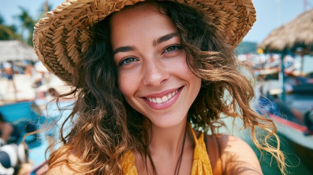 closeup shot of a good looking female tourist. Enjoy free time outdoors near the sea on the beach. Looking at the camera while relaxing on a clear day Poses for travel selfies smiling happy tropical
