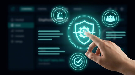 Fototapeta premium Cybersecurity and Data Protection Concept with Businessman Hand Touching Digital Shield Interface Hologram for Secure Network Access and Safety