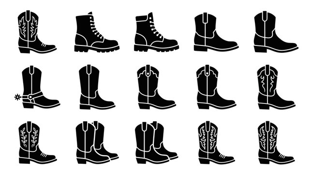 Western cowboy boots silhouette icons set