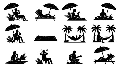 Tropical island vacation silhouette collection with man relaxing under beach umbrella isolated on white background © MstMomena