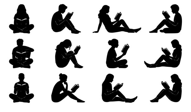 People sitting and reading book black silhouette pose collection isolated on white background vector illustration