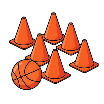 Basketball ball and traffic cones sport drill illustration with basketball training practice exercise equipment coaching development competition activity recreation performance