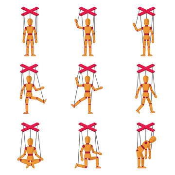 Set of wooden marionette puppets in various poses, control strings attached to a red crossbar, illustration of control and manipulation, concept for theater or performance
