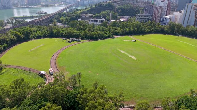 July 11 2026 Beautiful circular green lawn provides open public space.