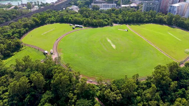 July 11 2026 Beautiful circular green lawn provides open public space.