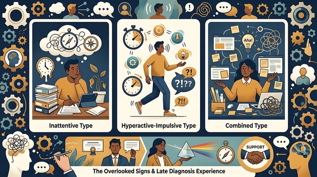 Neurodiversity infographic explaining adhd types and late diagnosis