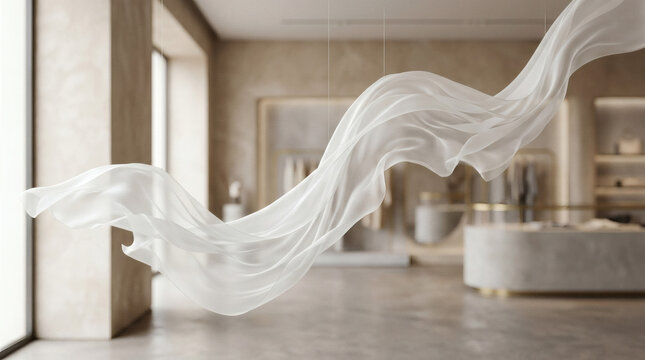 White fabric tunnel floating in a luxury retail background with minimalist boutique design and elegant textures