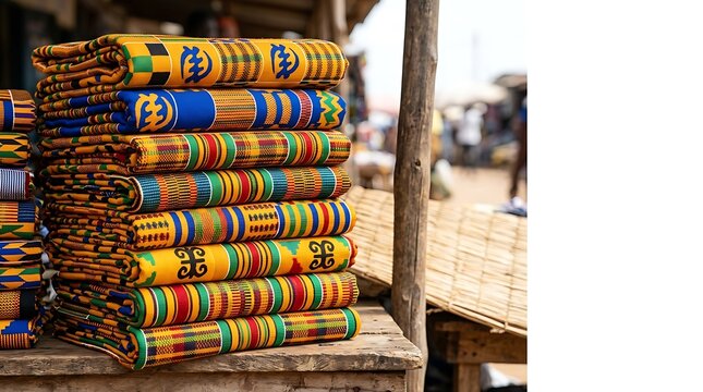 Vibrant handwoven kente cloths stacked at a traditional market