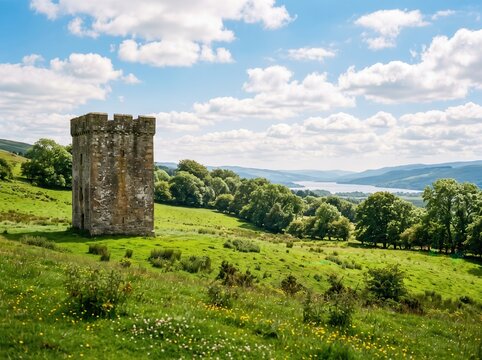Ancient stone tower standing on a vibrant green hillside overlooking a distant lake under a bright blue sky with scattered white clouds in a rural landscape setting