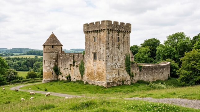 Ancient stone castle with a circular tower and crenelated walls situated in a lush green countryside landscape with grazing sheep on a grassy hillside under a cloudy sky