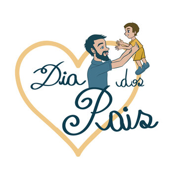 Father's Day celebration with father and son. Banner with a heart and lettering. Transparent background.
