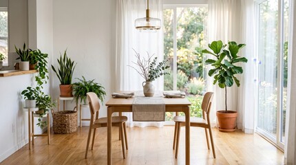 Fototapeta premium Dining area with wooden table and two chairs surrounded by various indoor potted plants including a fiddle leaf fig and snake plant in a sunlit room with white walls and hardwood flooring
