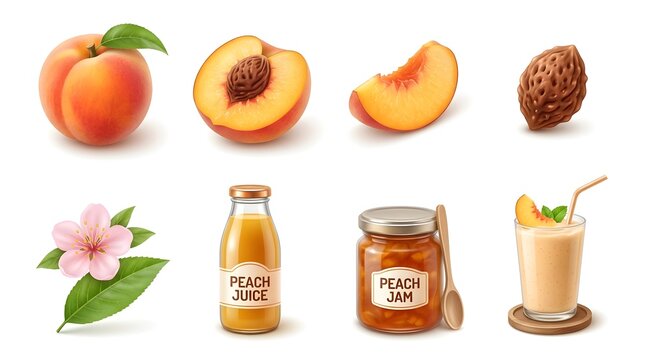 Realistic Fresh Peach Fruit Set With Juice Jam Smoothie And Delicate Blossom Flower Icons