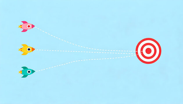 Three distinct rockets fly along dashed paths to hit a red circular target, symbolizing goal achievement and precision.