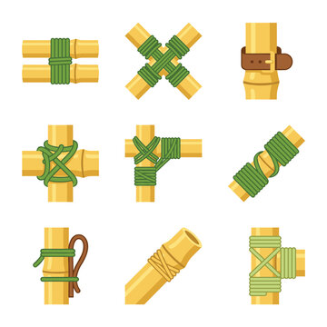 Collection of bamboo joint types and lashing techniques, pixel art style, showing various connection methods for construction or craft