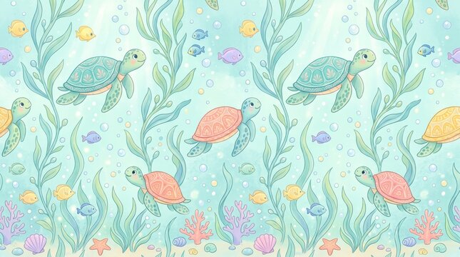 Hawaiian pattern underwater sea turtle botanical marine life seamless background with hawaiian underwater botanical
