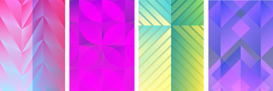 Abstract geometric background template set featuring colorful multi faceted gradient patterns with vibrant pink magenta green and purple crystal designs.