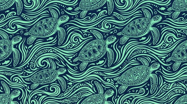 Hawaiian pattern intricate sea turtle swirl wave illustration seamless background with hawaiian seamless tropical backdrop