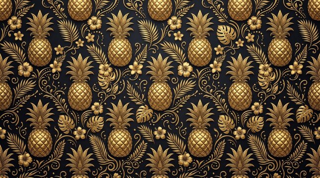 Hawaiian pattern gold pineapple botanical illustration on black background with hawaiian pineapple botanical tropical