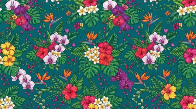 Hawaiian pattern tropical flowers and exotic leaves seamless background with hawaiian hibiscus plumeria tropical seamless