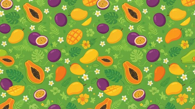 Hawaiian pattern tropical fruit mix with mango and papaya hawaiian tropical seamless background paradise colorful