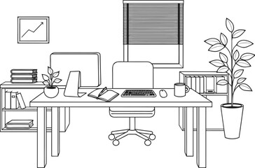 Modern corporate office workspace coloring page outline featuring a computer desk rolling chair windows blinds bookshelves and potted houseplants. © Vivid Pixel Studio.