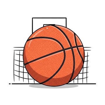 Large orange and black basketball in front of a minimalist outline of a hoop and net representing the sport white background design element basketball equipment athletic recreation
