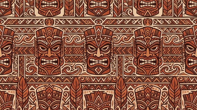 Hawaiian pattern with traditional tiki masks and tribal polynesian motifs hawaiian polynesian geometric cultural