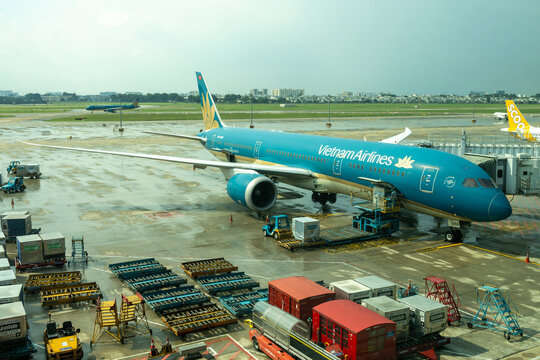 Airplane from Vietnam Airline parks at  Tan Son Nhat International Airport in Ho Chi Minh City, Vietnam