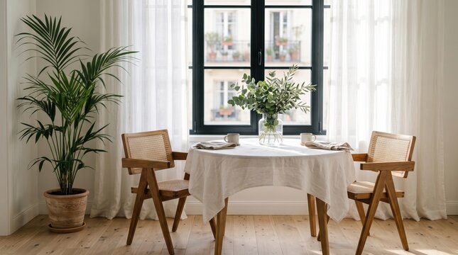 Round wooden table with white tablecloth and two rattan chairs in front of a large window with sheer curtains and a tall green potted palm plant in a bright living room interior