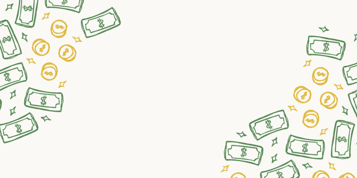 Horizontal presentation banner backdrop template with line art green money and gold coin corner design
