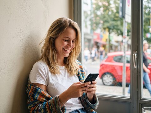 Smiling blonde woman in white t shirt and colorful patterned cardigan holding a black smartphone while sitting by a window overlooking a city street with a red car