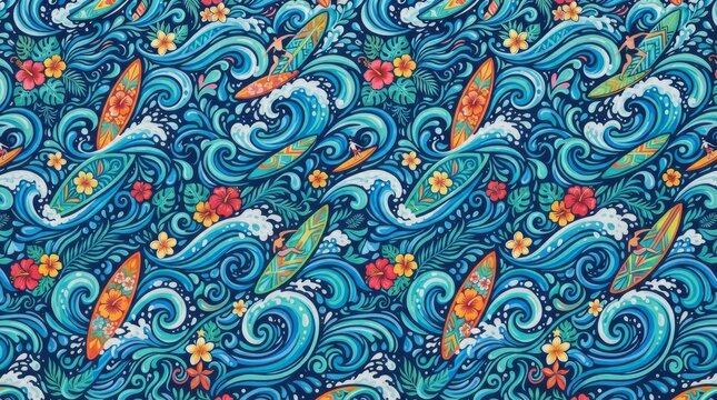 Hawaiian pattern surfboard tropical floral wave dark background with hawaiian surfboard tropical hibiscus plumeria