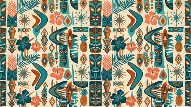 Hawaiian pattern vintage tiki tribal symbols exotic tropical motif with hawaiian tropical seamless wallpaper wrapping