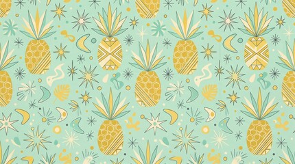 Hawaiian pattern with gold pineapple motifs on teal background hawaiian pineapple tropical seamless paradise vacation