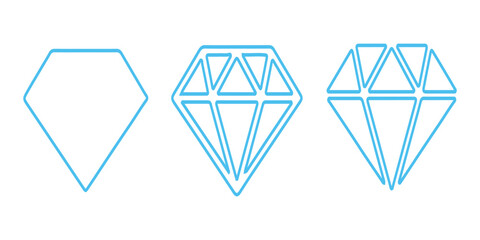 Blue linear diamond icon set vector illustration with magic glowing geometric outline jewelry crystals isolated on white background. © Shofikul islam