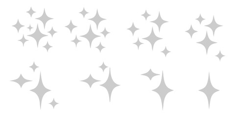 Silver sparkles star icon set vector illustration with magic glowing twinkling geometric grey stars flat elements on white background. © Shofikul islam