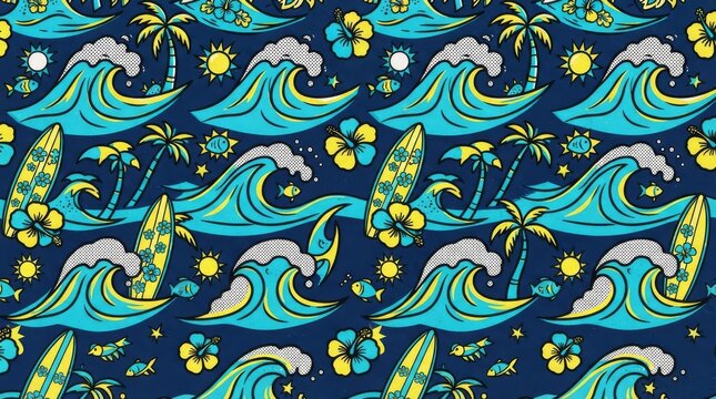 Hawaiian pattern tropical ocean surf beach elements seamless design with hawaiian tropical hibiscus seamless wallpaper