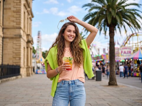 Smiling woman with long wavy hair wearing a peach t shirt and lime green sweater holding a colorful cocktail with a lime slice at a sunny outdoor carnival with a palm tree and amusement rides
