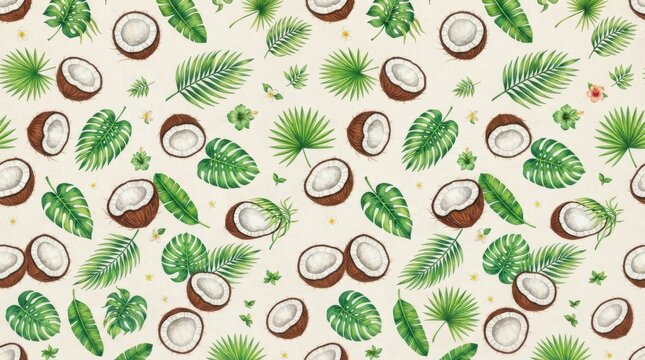 Hawaiian pattern coconut fruit tropical palm leaves seamless background with hawaiian tropical botanical seamless