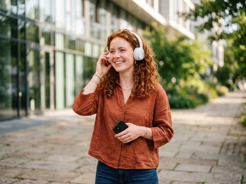 Smiling young woman with long curly red hair wearing white over ear headphones and a terracotta linen shirt holding a black smartphone on a stone paved city sidewalk near a glass building