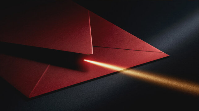 A dramatic beam of light shining onto a red envelope on a dark textured background, minimalist conceptual photography of a secret message or invitation