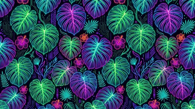 Hawaiian pattern neon glowing monstera leaves tropical dark background with hawaiian monstera tropical seamless wallpaper