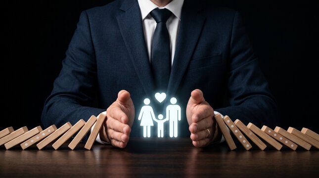 Professional businessman in a navy suit wearing a white shirt and black tie protecting a glowing blue family icon from falling wooden dominoes on a polished dark wooden surface.