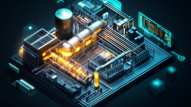 Futuristic smart factory and digital twin concept, isometric 3D rendering of chemical refinery plant with glowing pipelines and digital control screen
