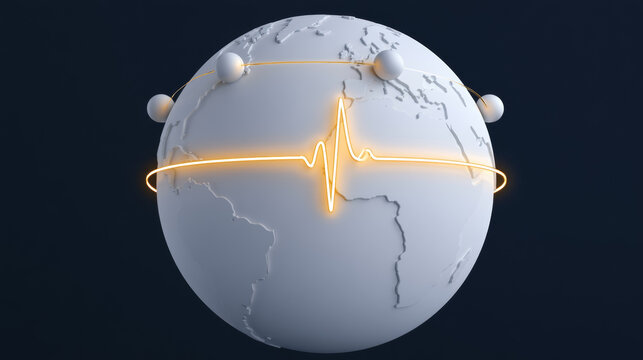 Minimalist 3D render of a white Earth globe with a glowing orange heartbeat pulse line on a dark background representing global connection and health