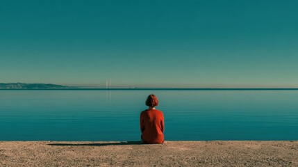 Naklejka premium Back View Woman Short Red Hair Orange Knit Sweater Sitting Alone Gravel Shore Calm Turquoise Sea Distant Suspension Bridge Coastal Hills Clear Teal Sky Long Shadow Minimalist Symmetrical Quiet Lonely